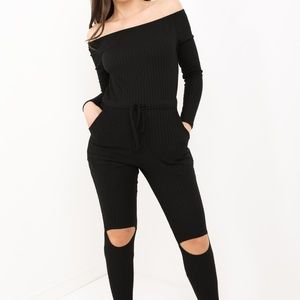 Slashed In My Knee Ribbed Bardot Lounge Jumpsuit